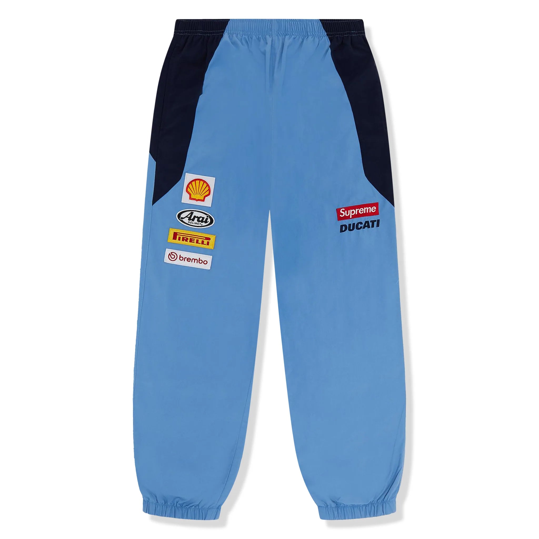 Front view of Supreme x Ducati Light Blue Track Pants SS24P45_LIGHT_BLUE